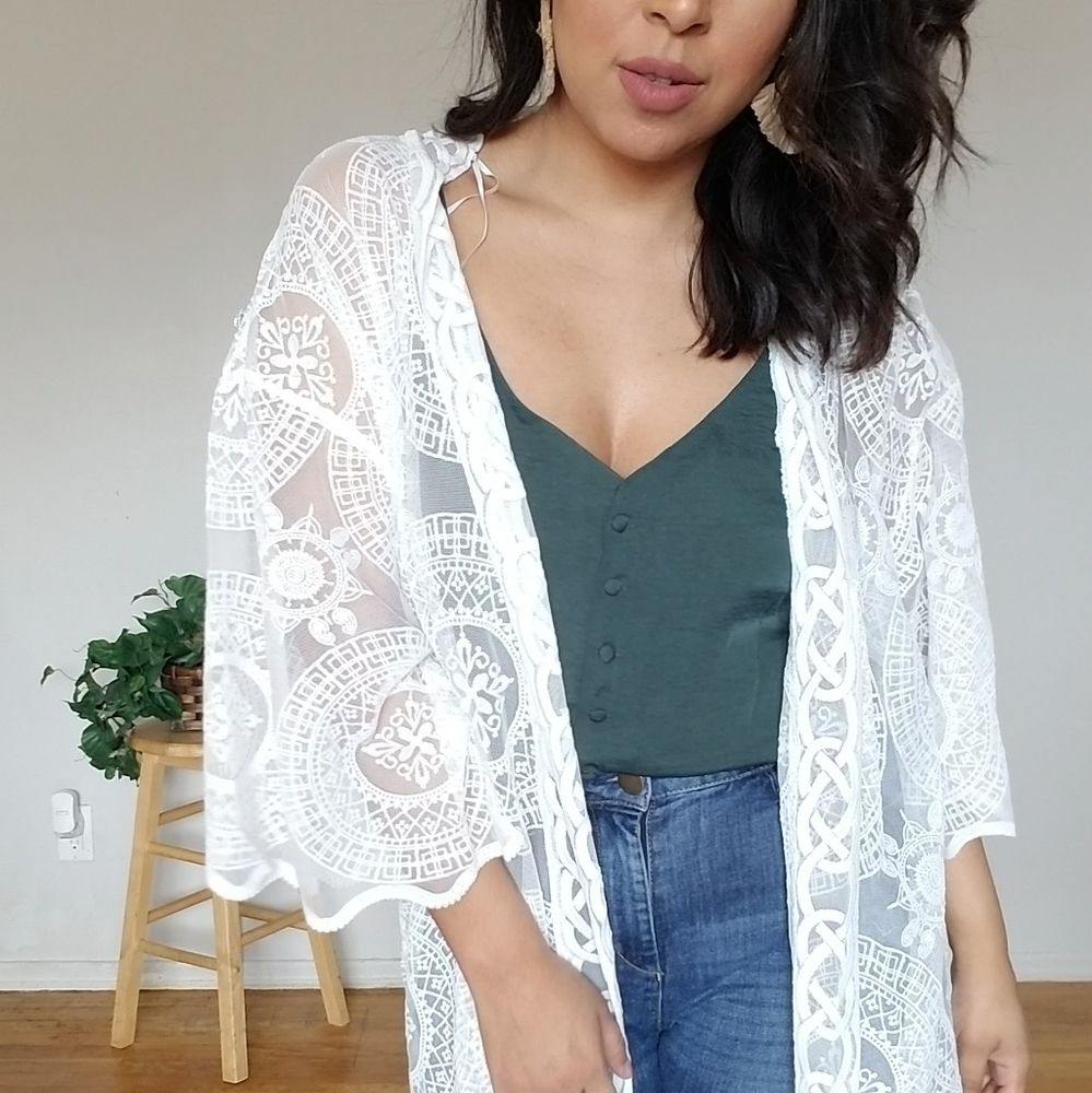 CON CALMA WHITE EMBROIDERED KIMONO CARDIGAN - Picture 10 of 10
